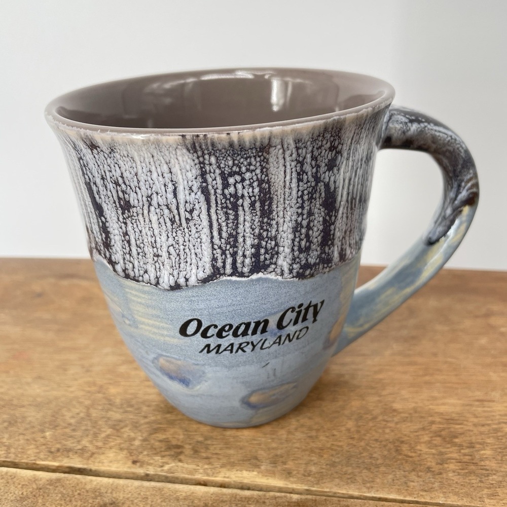 Ocean City‎ Maryland Ceramic Coffee Mug Blue Brown Drip Glaze Coastal Souvenir